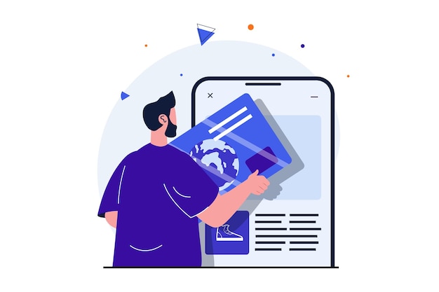 Mobile commerce moderno concetto piatto per il design di banner web l'acquirente maschio fa acquisti a buon mercato