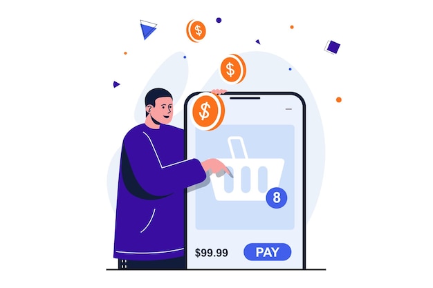 Mobile commerce modern flat concept for web banner design Man chooses goods in online store
