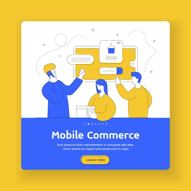 Mobile commerce square banner template. Men and woman using smartphone and making call while ordering goods from online shop. Flat style illustration, thin line art design