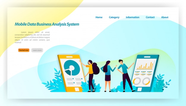 Sistema di analisti aziendali di dati mobili per applicazioni. con design isometrico finanziario e commerciale. modello web della pagina di destinazione