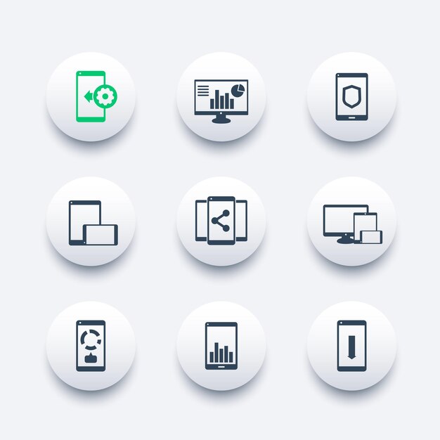 Mobile, desktop apps icons set, vector pictograms with smartphones and tablets