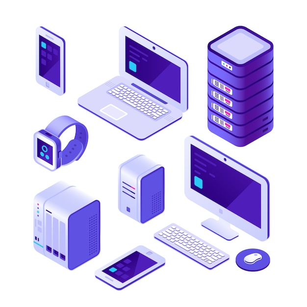 Vettore insieme isometrico dei dispositivi mobili. computer, server e laptop, smartphone. raccolta 3d del sistema di database della nuvola