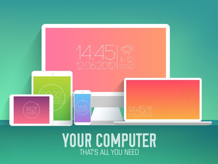 Vector mobile electronic devices on flat style concept background