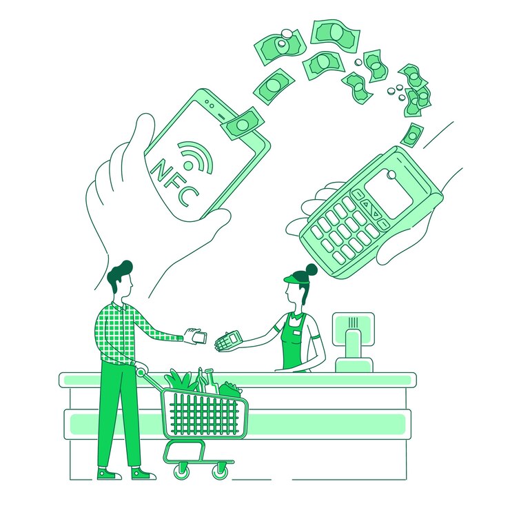 Vector mobile epayments thin line concept illustration customer making payment with smartphone cashier and buyer d cartoon characters for web design smart app benefits creative idea