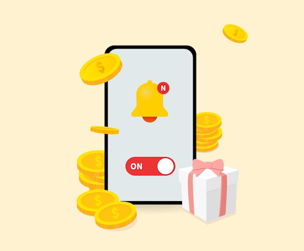 mobile event screen where prizes pour out when receiving notifications illustration set gold coin