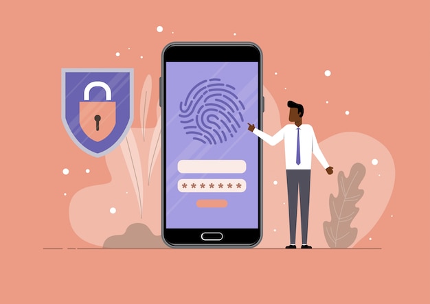 Vettore protezione di sicurezza dell'impronta digitale mobile, segno dell'app per smartphone di sicurezza, icona piatta dello schermo dello schermo, concetto di tecnologia di protezione della protezione del telefono cellulare