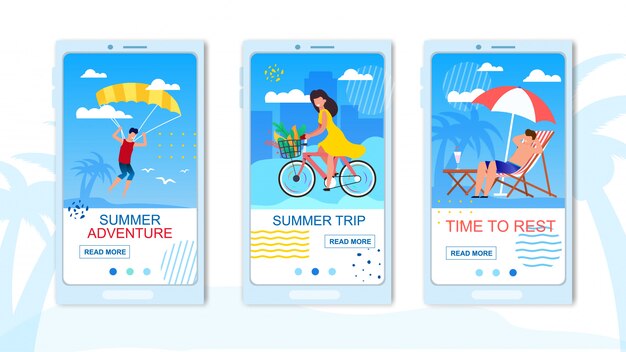 Мобильная плоская целевая страница для приложения путешествия. летние приключения на парашюте