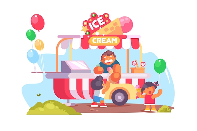 Camion di cibo mobile e furgone con gelato. palloncini colorati e bambini felici