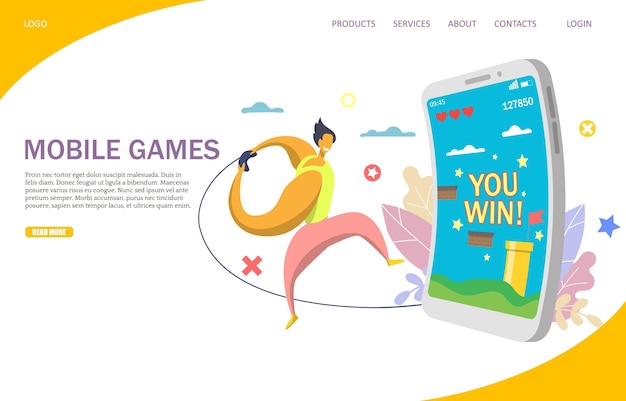 Mobile games vector website landing page design template