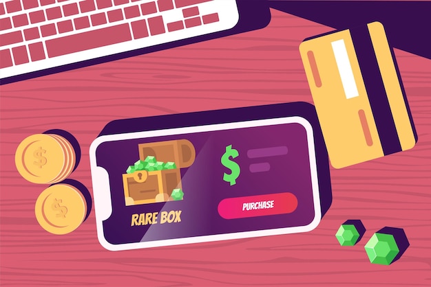 Vector mobile gaming microtransaction loot box and pay to win illustration concept