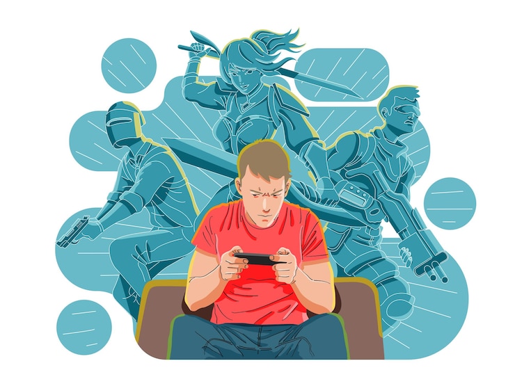 Vector mobile gaming, playing games with smartphone concept