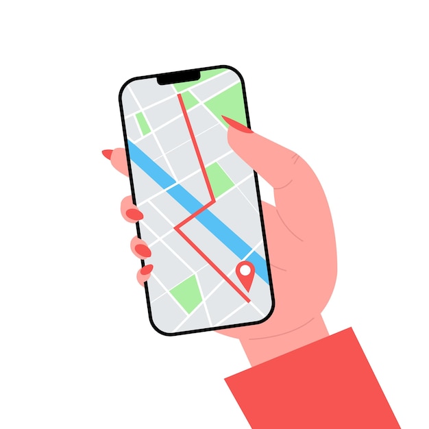 モバイル GPS ナビゲーション、トラッキング コンセプトのスマートフォン アプリ。市内地図とスマートフォンを持つ女性の手