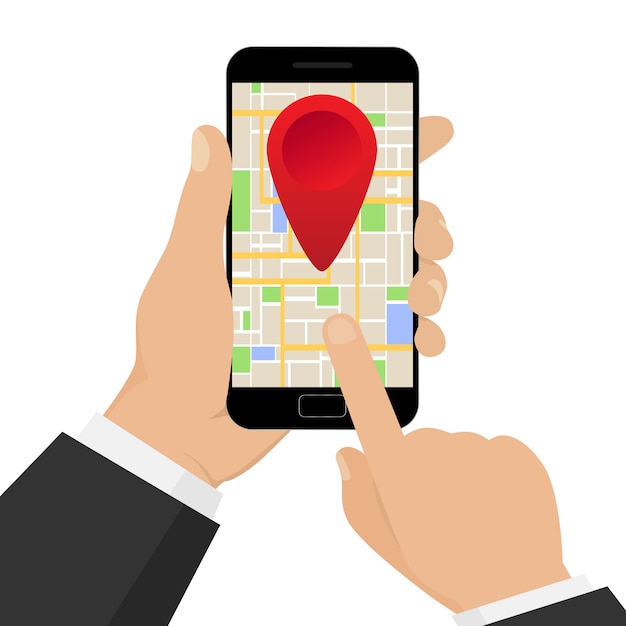 Mobile gps navigation with map. hand holding mobile with gps navigation.  illustration.