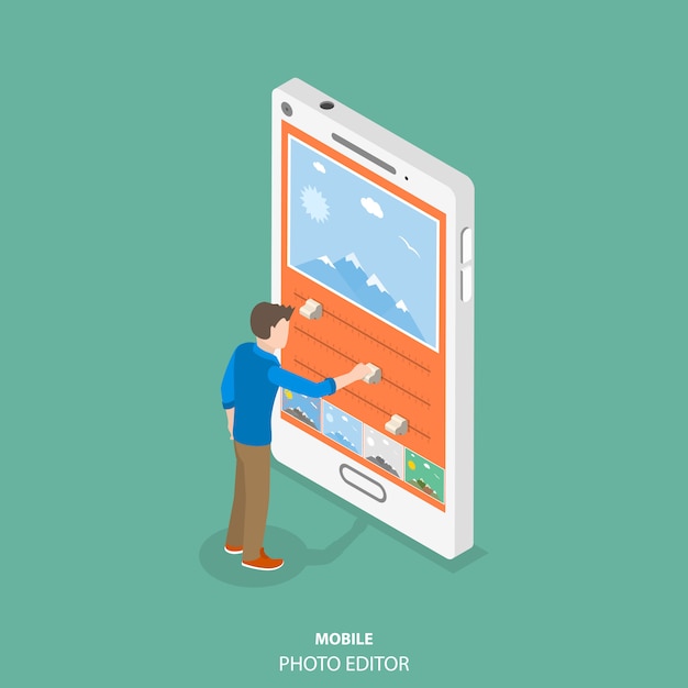 Mobile image editor flat isometric concept.