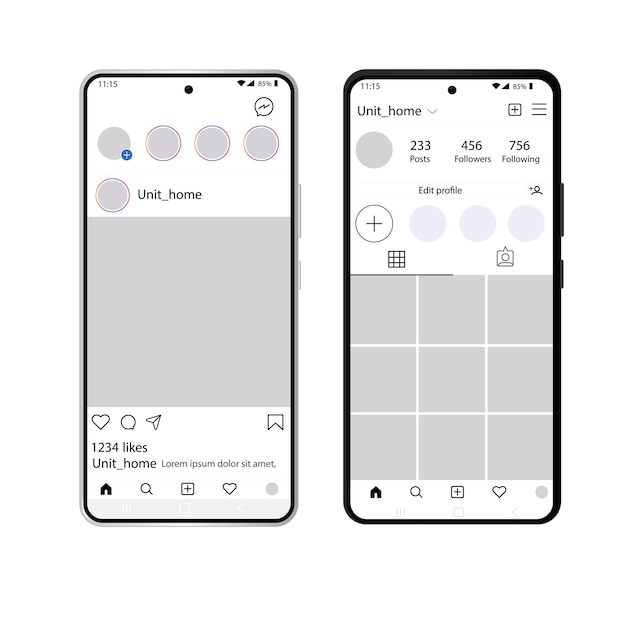 Vettore modello di interfaccia instagram mobile in bianco e nero