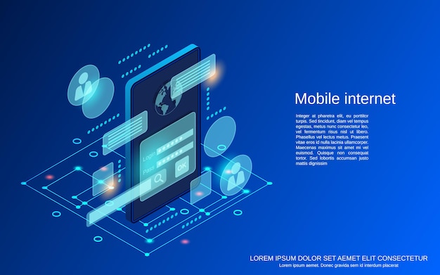 Mobile internet flat 3d isometric vector concept illustration