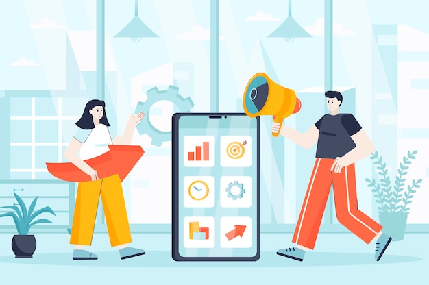 Mobile marketing concept in flat design illustration of people characters for landing page