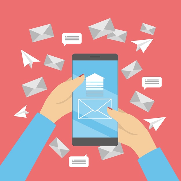 mobile marketing concept. hand holding mobile phone with envelope on the screen. communication with customer in the internet. email promotion.   illustration