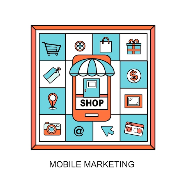 mobile marketing concept: shopping related elements in line style