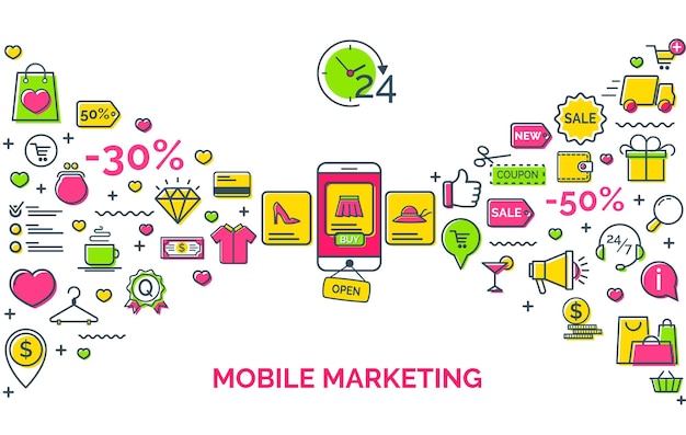 Мобильная маркетинговая концепция для заголовка веб-сайта с плоской тонкой линейной иконой Для рекламной графики мобильных приложений дизайн макета страницы Векторная иллюстрация