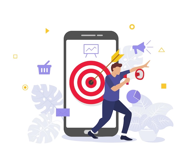 Mobile marketing concept with business man standing with loudspeaker and goals target smartphone icon with modern flat style vector illustration