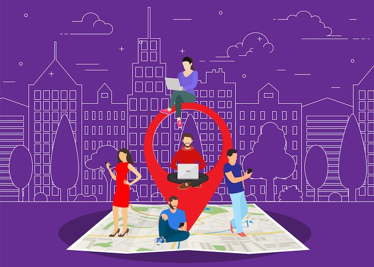 Vector mobile marketing with map tag concept