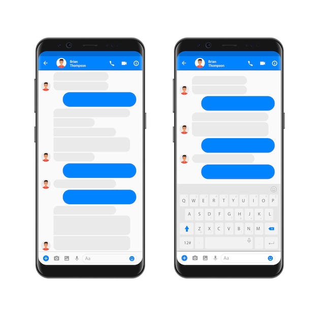 Vector mobile modern ui kit messenger on the smartphone screen. chat app template with empty chat bubbles with mobile keyboard. phone social network concept.