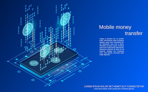 Mobile money transfer flat 3d isometric vector concept illustration