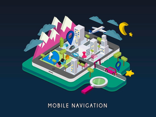 Mobile navigation concept 3d isometric infographic with tablet showing city map