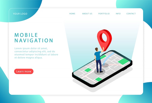 Мобильная навигация. gps навигатор. расположение. целевая страница. современные веб-страницы для веб-сайтов.
