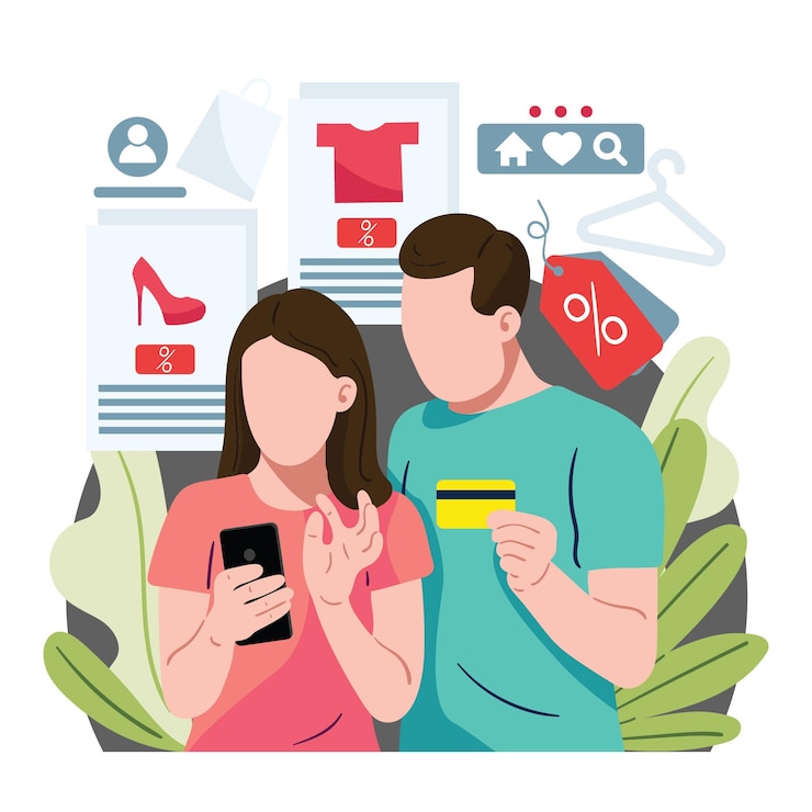 Vector mobile online shopping man and woman customers
