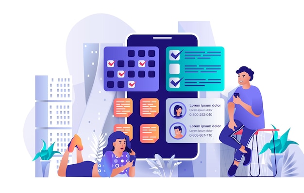 Mobile organizer flat design concept illustration of people characters