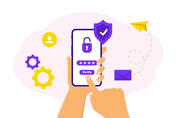 Vector mobile otp secure verification method mobile phone in hand onetime password for secure transaction security one time password verification for mobile app on smartphone screen 2step verification