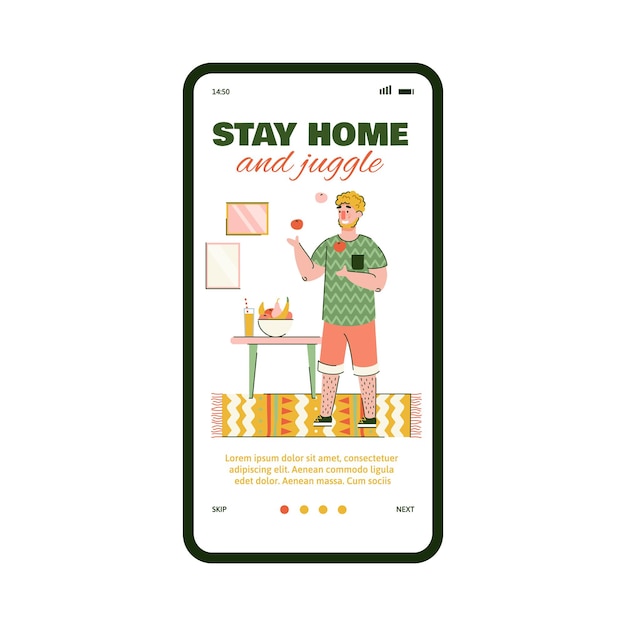 Дизайн мобильной страницы с лозунгом «оставайся дома и жонглируй» и векторной иллюстрацией человека