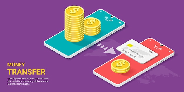 Mobile payment concept money transfer on mobile with credit card financial transaction Money online Digital wallet business finance Isometric Vector illustration