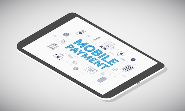 Mobile payment concept on tablet screen with isometric 3d style