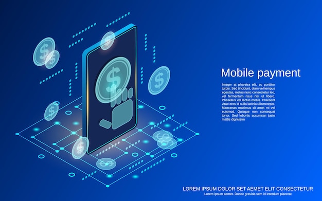 Mobile payment flat 3d isometric vector concept illustration