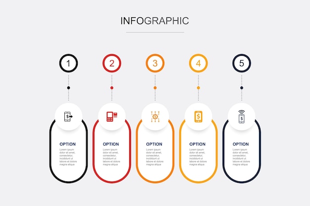 Mobile payment merchant payment payment platform mobile money contactless payment icons infographic design template creative concept with 5 steps