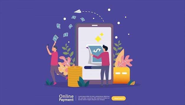 Mobile payment or money transfer concept for E-commerce market shopping online illustration with tiny people character. template for web landing page, banner, presentation, social media, print media