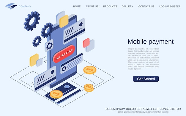 Mobile payment online banking financial transactions flat 3d isometric vector concept illustration