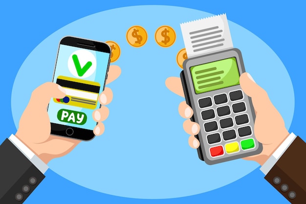 Mobile payment, pagamento per acquisti, servizi e intrattenimento. la mano con il telefono e il terminale di pagamento