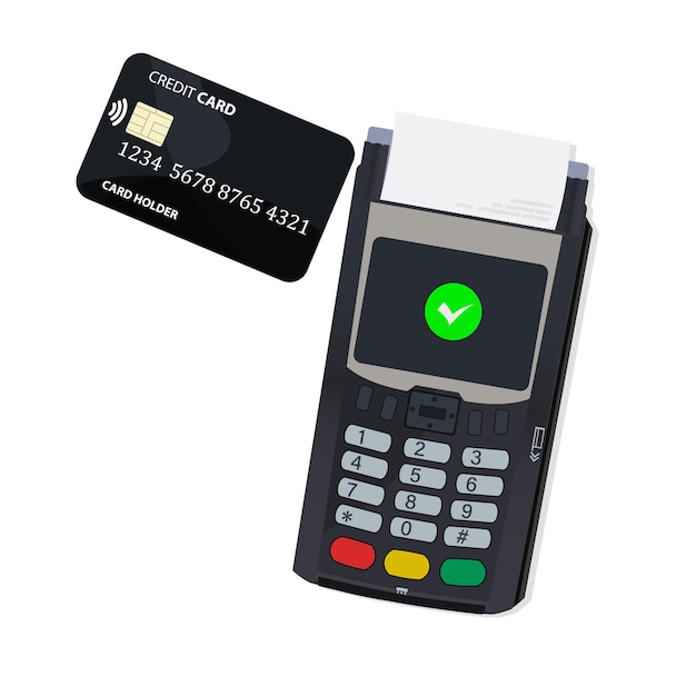 Vector mobile payment technology concept via pos and nfc payment from the card bringing the card to the pos terminal isolated on white background flat vector illustration