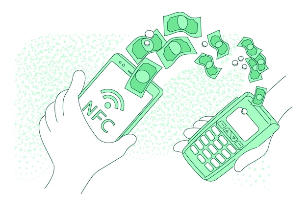 Mobile payment terminal thin line concept  illustration. Person making payment with smartphone  cartoon character for web . NFC pay, money transfer, e-wallet creative idea