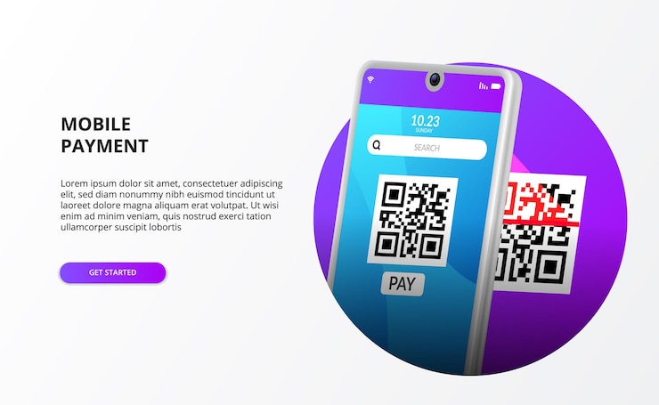 Vector mobile payment with scan qr code for cashless society for modern banking with 3d phone