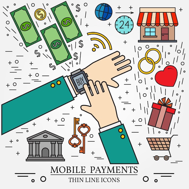 Mobile payments using a smart watch Online shopping concept for web design and application