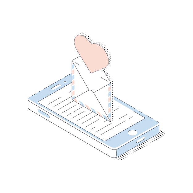 벡터 휴대 전화와 봉투에 마음, 전자 메일 확인. 전화로 발렌타인 데이 인사말.