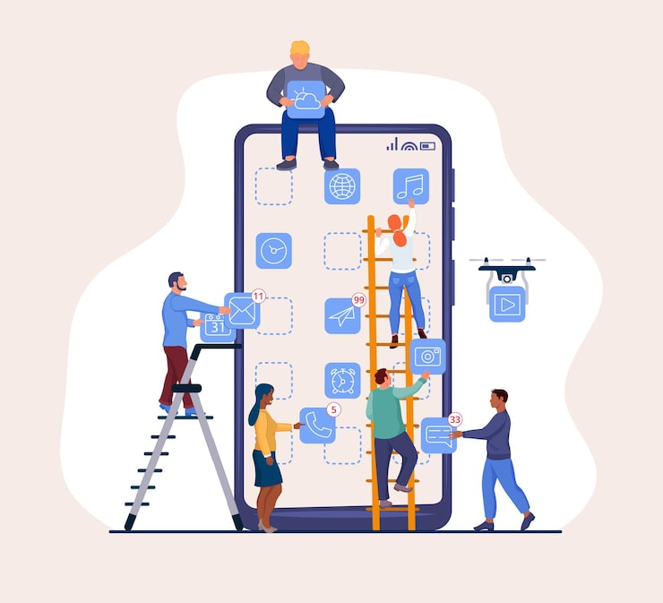 Vector 開發者,設計師和程序員團隊與無人機合作,創造交互式智能手機 ui 矢量插圖