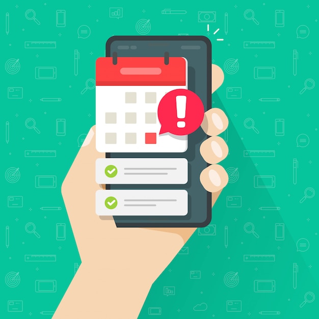 Calendario del telefono cellulare con la data di scadenza e la lista di attività importanti o smartphone con l'illustrazione piana del fumetto di appuntamento di evento