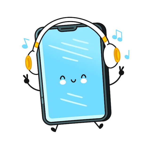 携帯電話のキャラクターは白で隔離の音楽を聴く