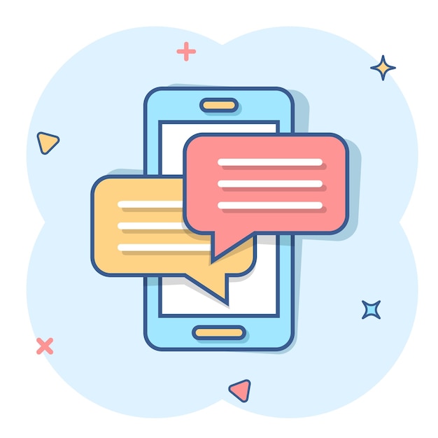 Mobile phone chat sign icon in comic style Message notifications vector cartoon illustration on white isolated background Smartphone text business concept splash effect